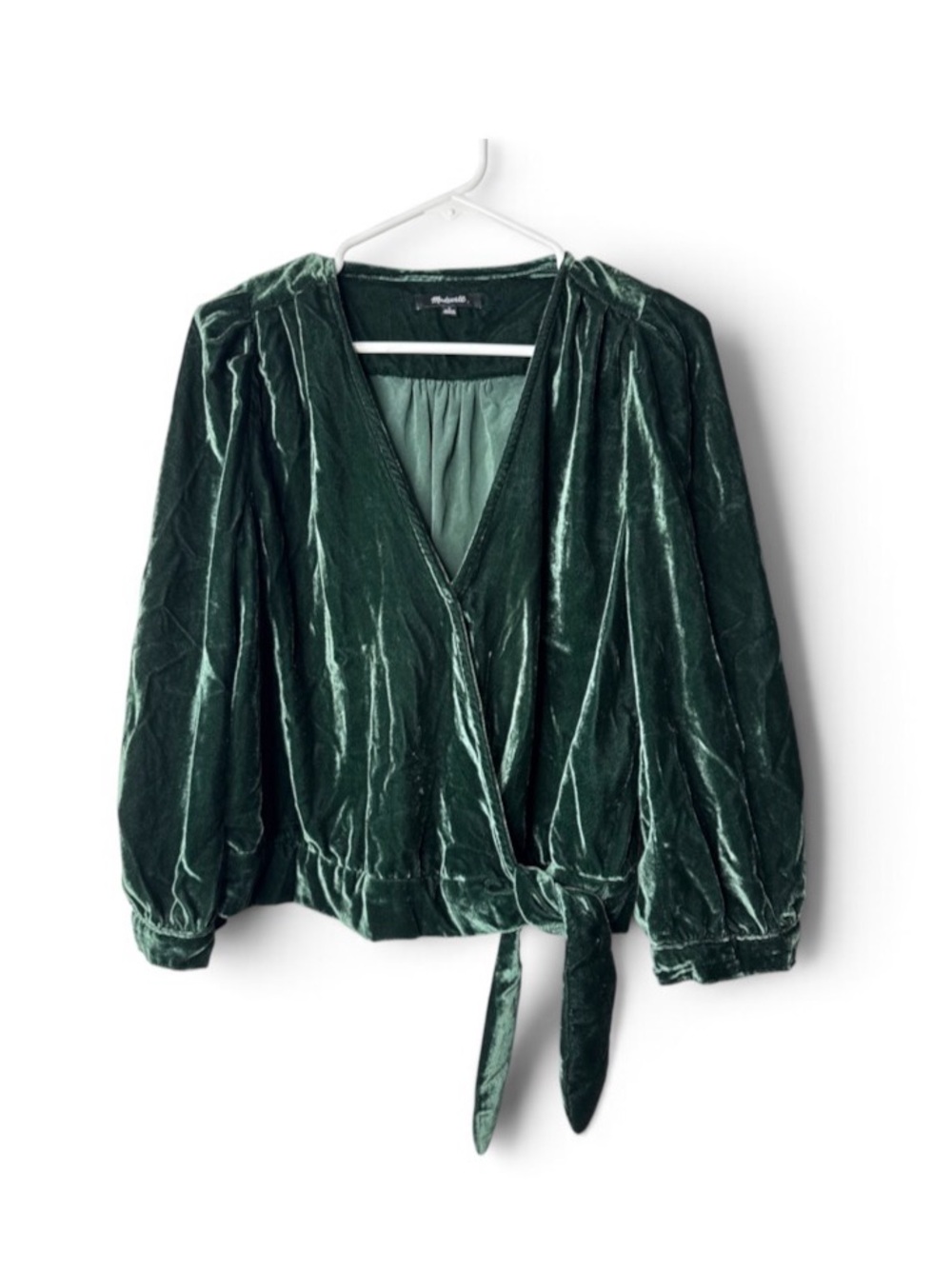 MADEWELL Velvet Wrap Top Women’s Large Tie-Front Dark Spruce Green Holiday